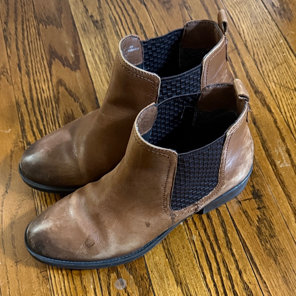 Women's distressed Tan Leather Chelsea Booties with Elastic Side Panels